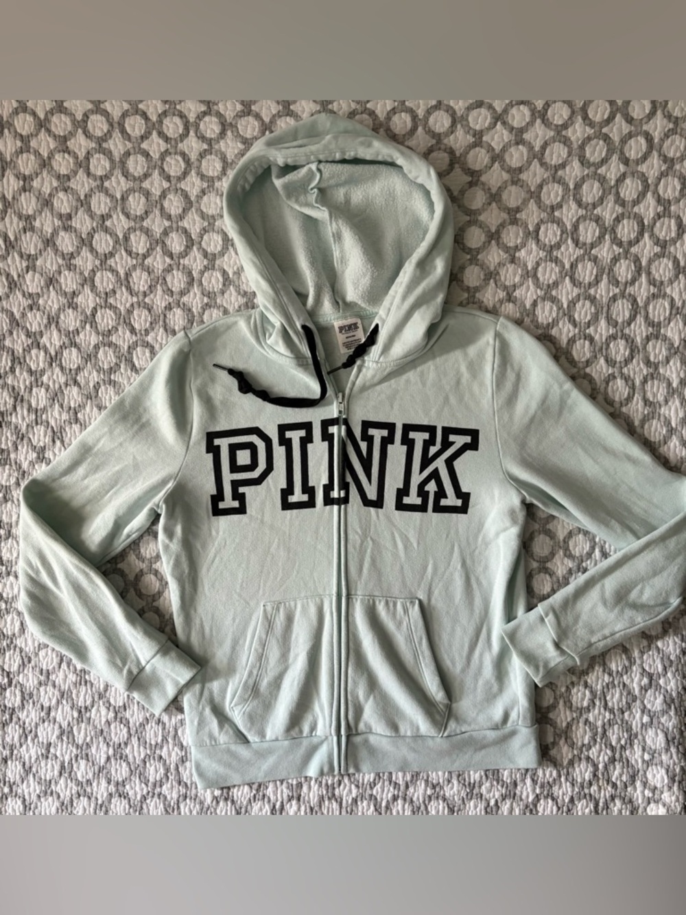 PINK Victoria’s Secret Light Mint Zip-Up Hoodie with Black Logo